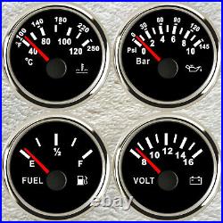 52mm 4 Gauge Set With Sender Fuel Level Water Temp Volt Oil Pressure Black 9-32V